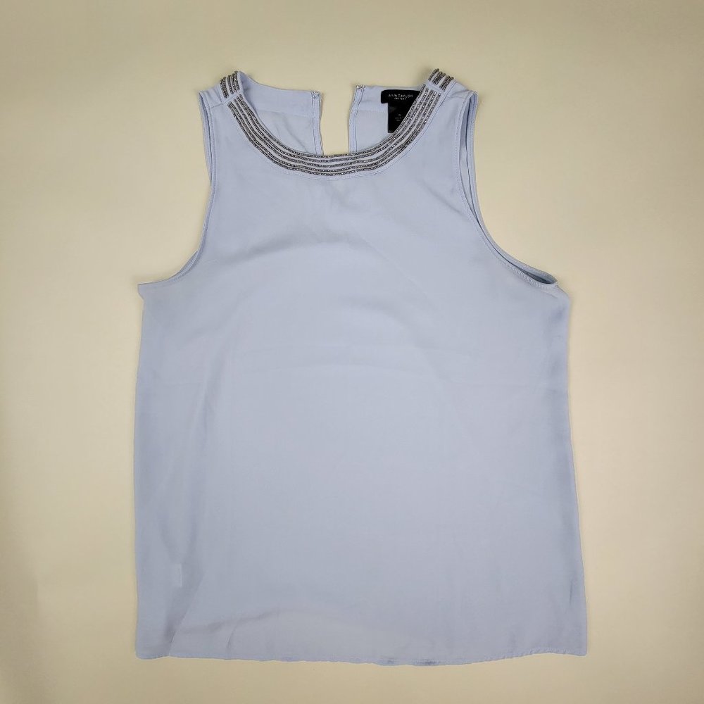 ANN TAYLOR Baby Blue Sleeveless Blouse with Silver Beaded Neckline - Size small